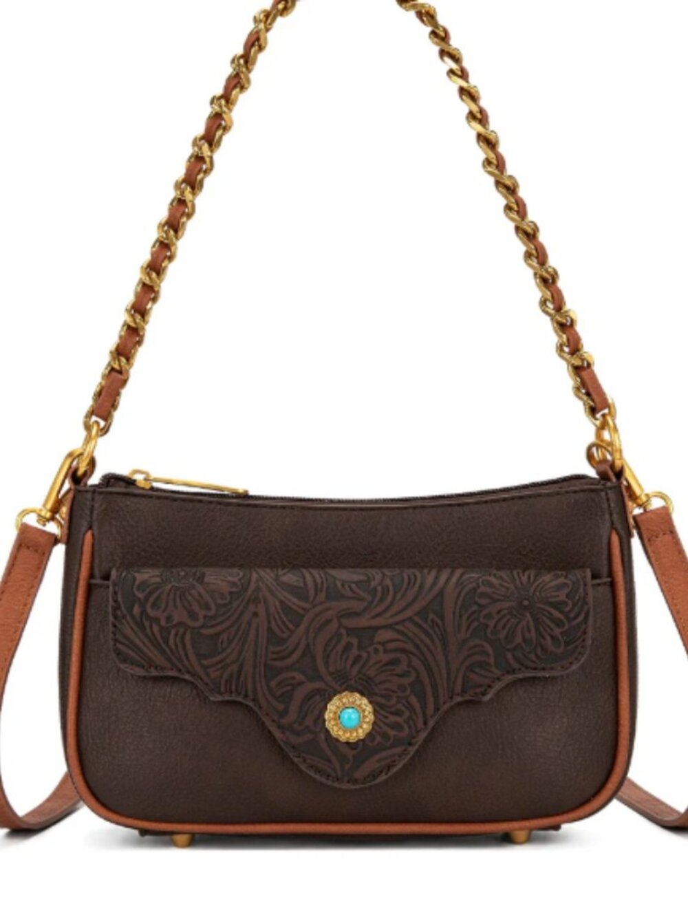 Montana West Tooled Floral Chain Strap Crossbody Shoulder Bag Coffee NWT